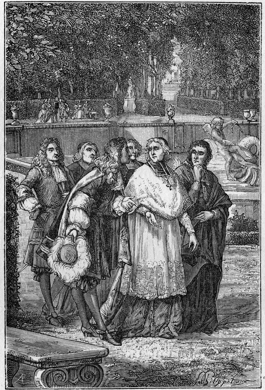 Jacques-Benigne (Jacques Benigne) Bossuet (1627-1704), francouzský prelát a spisovatel v uličce filozofů ve Versailles. Rytina 19. stol. od Unknown artist