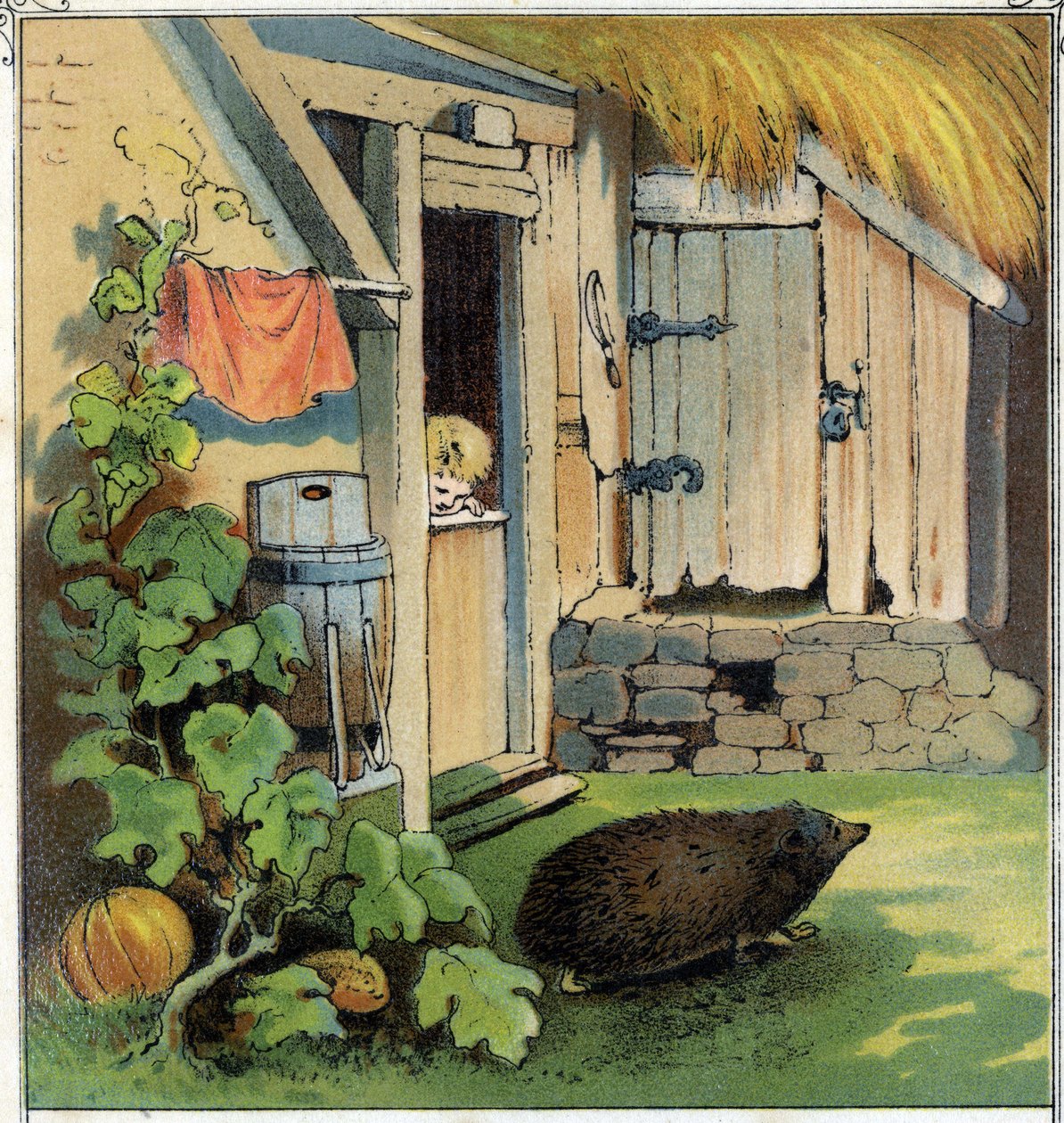 Jacques pozoruje herissona přecházejícího přes dvůr jeho domu. Chromolitografie z "" Scenes enfantines", ed. Guerin - Muller kolem roku 1885. od Unknown artist