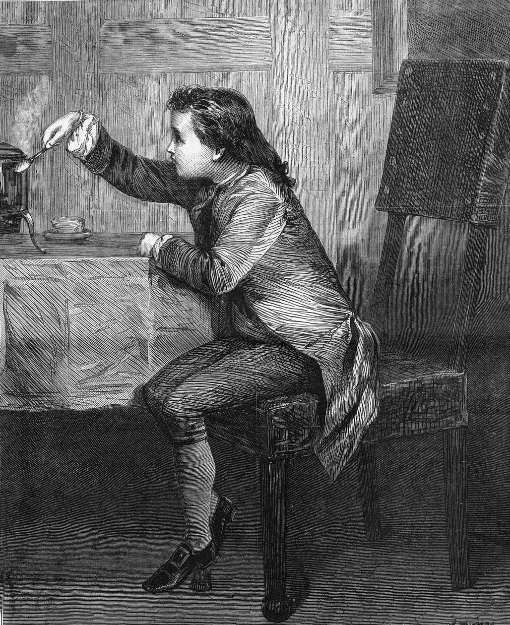 James Watt (1736-1819) dítě objevující zákony páry. Rytina z roku 1868 podle obrazu Marcuse Stonea. od Unknown artist