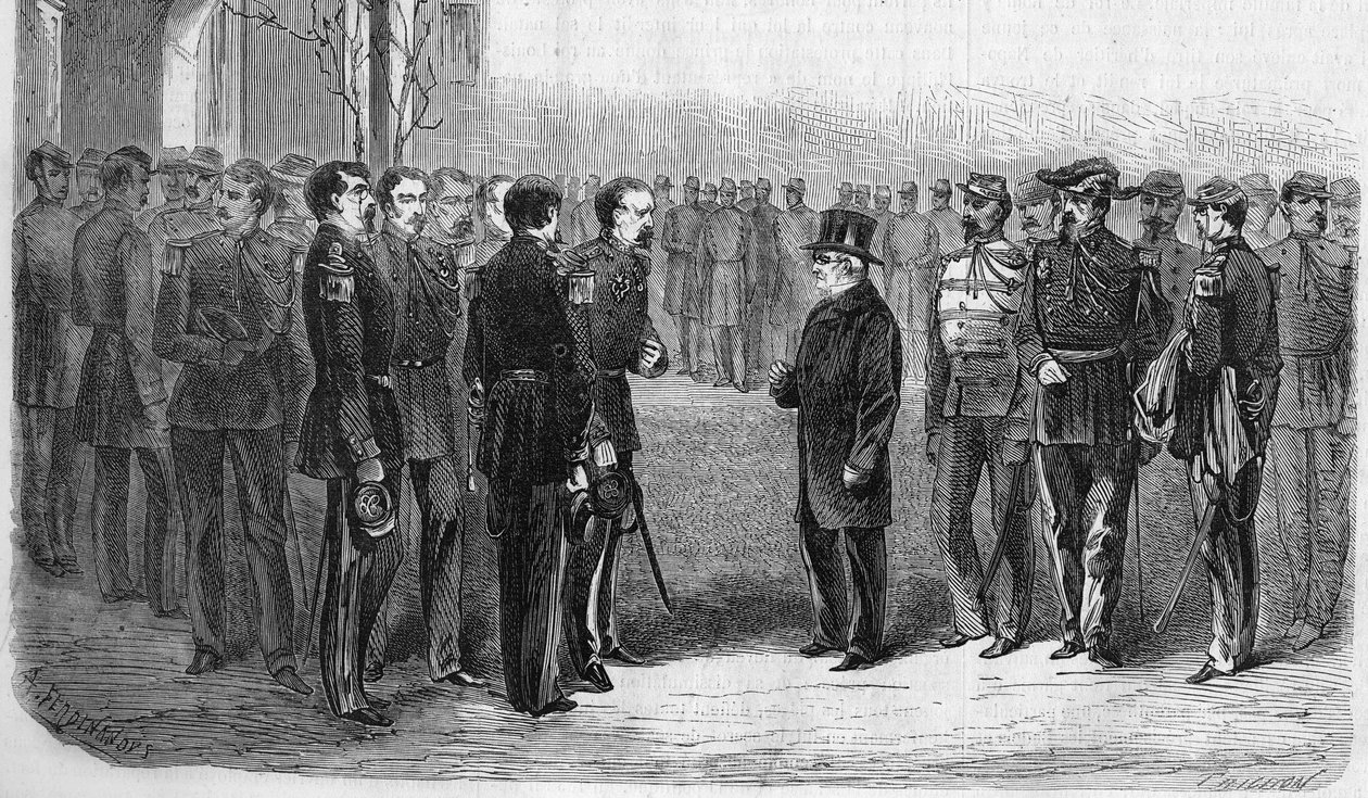 Leden 1873: Adolphe Thiers (1797-1877), francouzský politik, prezident republiky v doprovodu ministra války a generála Hartunga navštěvuje Ecole Polytechnique. Rytina z roku 1873. od Unknown artist