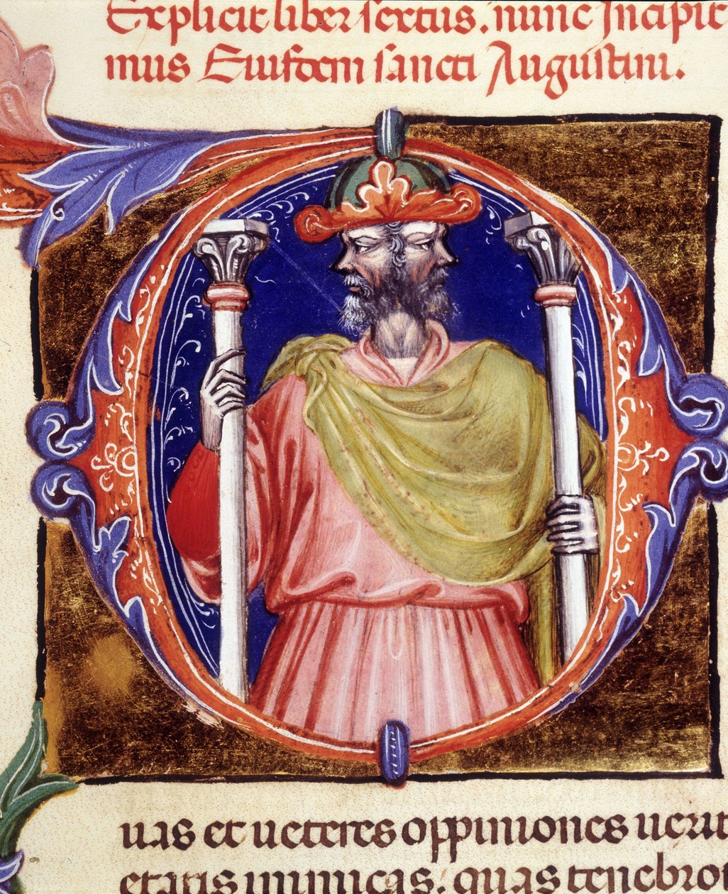 Janus, římské božstvo, dvě protilehlé tváře – z rukopisu „De civitate dei“ od svatého Augustina, počátek 15. století. Městská bibli. z Rimini. od Unknown artist