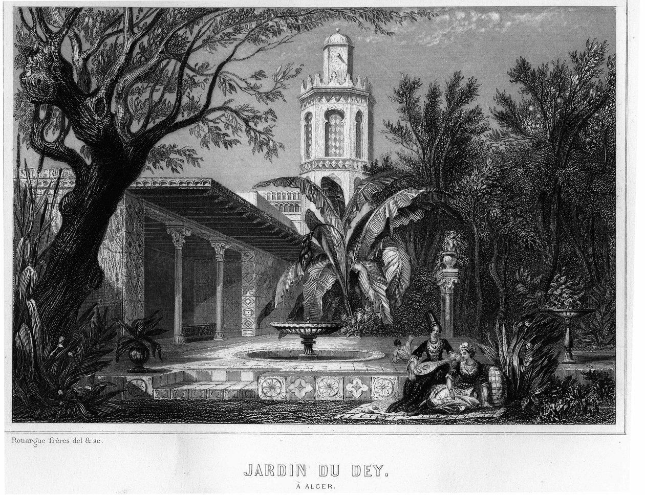 Jardin du dey v Alžíru, nacházející se v opevněném okrsku Kasbah (casbah), hlavní rezidence hlavního generála francouzské armády v roce 1830 - V „“L
