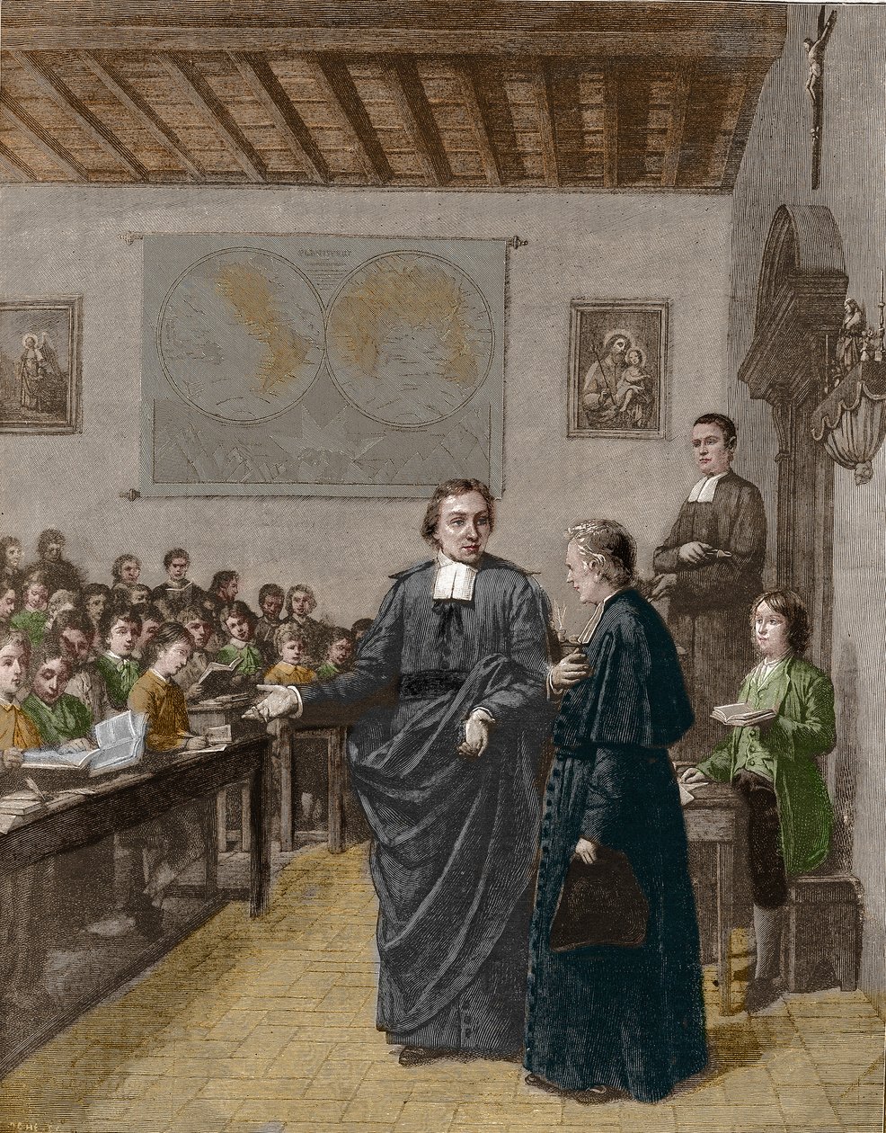Jean Baptiste De La Salle (Jean-Baptiste) (1651-1719) Francouzský řeholník, zakladatel kongregace bratří křesťanských škol, ukazuje jednu ze svých škol panu de La Chetardiemu. Rytina z konce 19. století. od Unknown artist