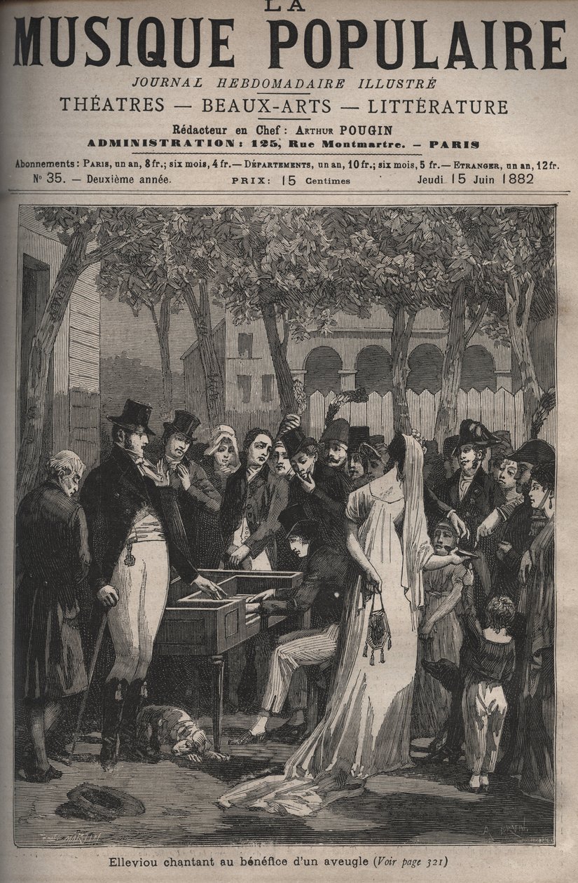 Jean Elleviou, francouzský zpěvák, komik a libretista (1769-1842) zpívající ve prospěch slepého muže v roce 1801 na Champs-Elysées - rytina v týdeníku „La musique populaire““ proslulý - 1882 od Unknown artist