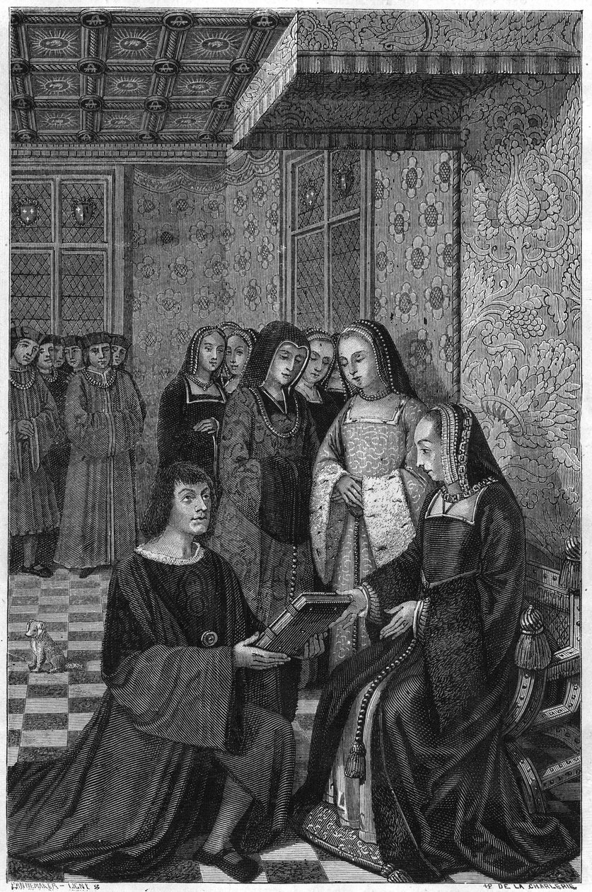 Jean Marot, básník (1463-1526), nabízející svazek poezie francouzské královně Anně. Rytina 19. století. od Unknown artist