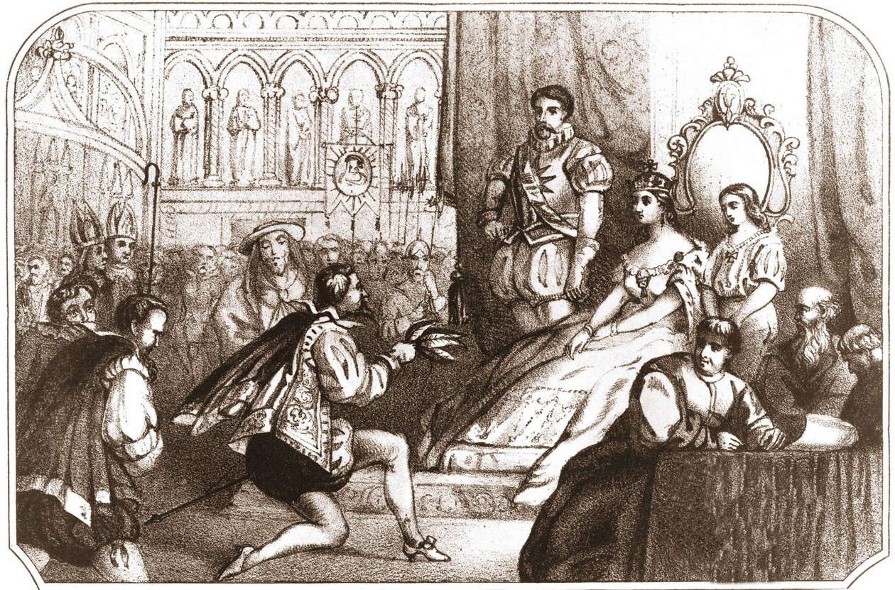Jean Nicot představuje tabákovou rostlinu Catherine de Medicis (Caterina de Medici) a velkopřevorovi rodu Lotrinska. Litografie 16. století kolem roku 1868. od Unknown artist