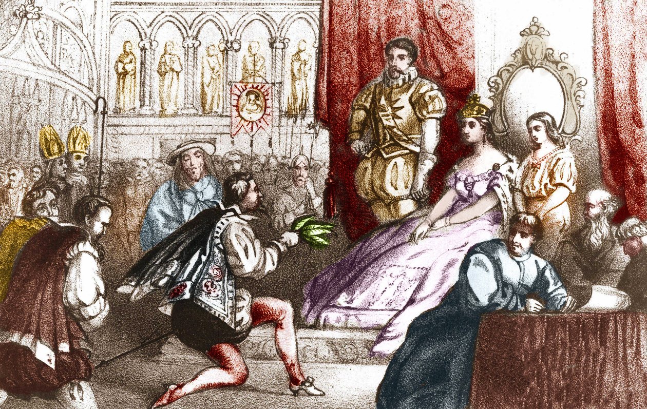 Jean Nicot představuje tabákovou rostlinu Catherine de Medicis (Caterina de medici) a velkopřevorovi rodu Lorraine. 16. století. Rytina 19. století od Unknown artist