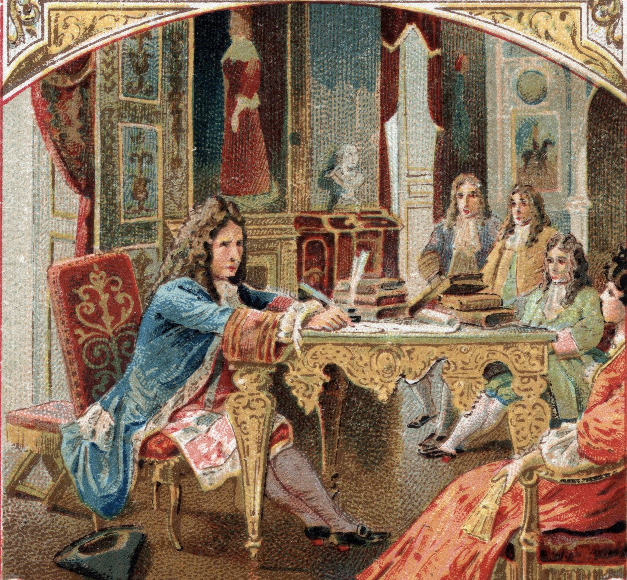 Jean Racine (1639-1699) jako součást „Esther“ a „Athalie“ na zámku Maintenon. Chromolitografie konce 19. století od Unknown artist