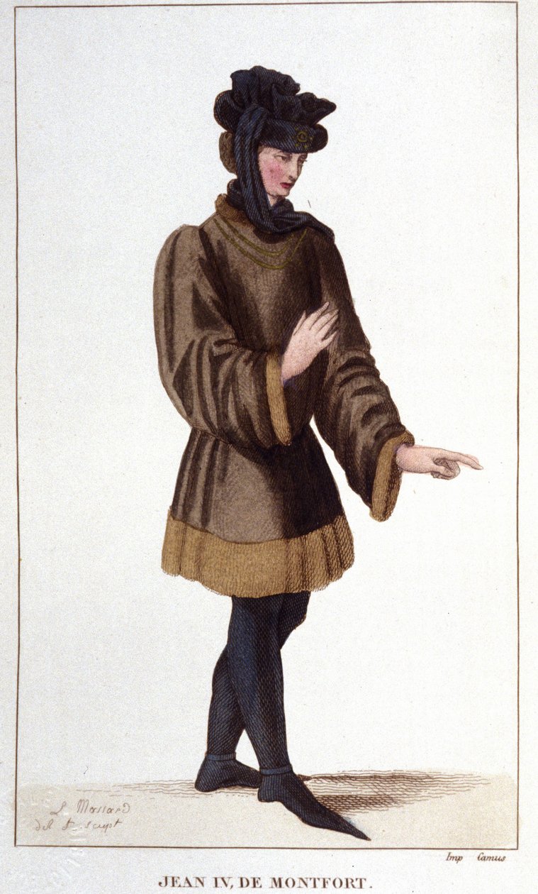 Jean de Montfort (1293-1345). Při prosazování svých práv vyhlásil válku o dědictví Bretaně. Rytina z roku 1830. od Unknown artist