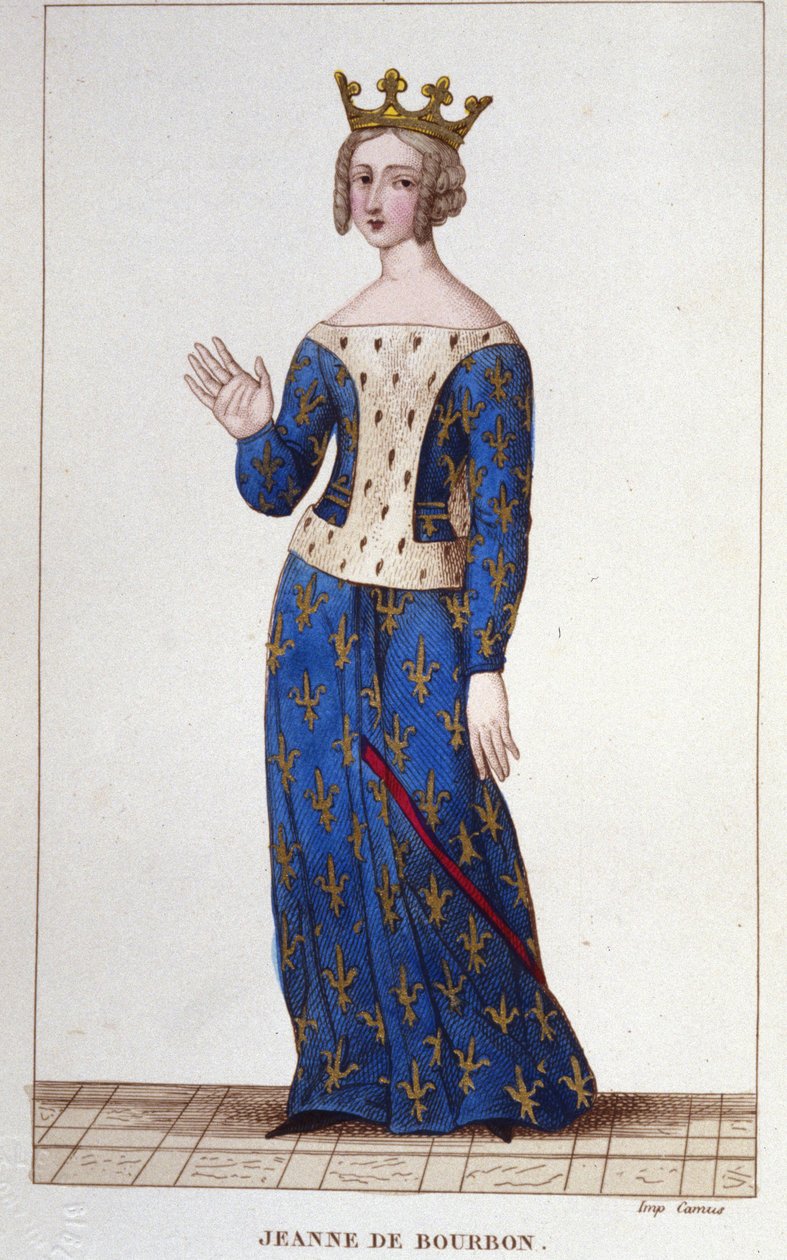 Jeanne de Bourbon (1338-1378). Královna Francie od roku 1364 do roku 1378. Rytina z roku 1830 od Unknown artist