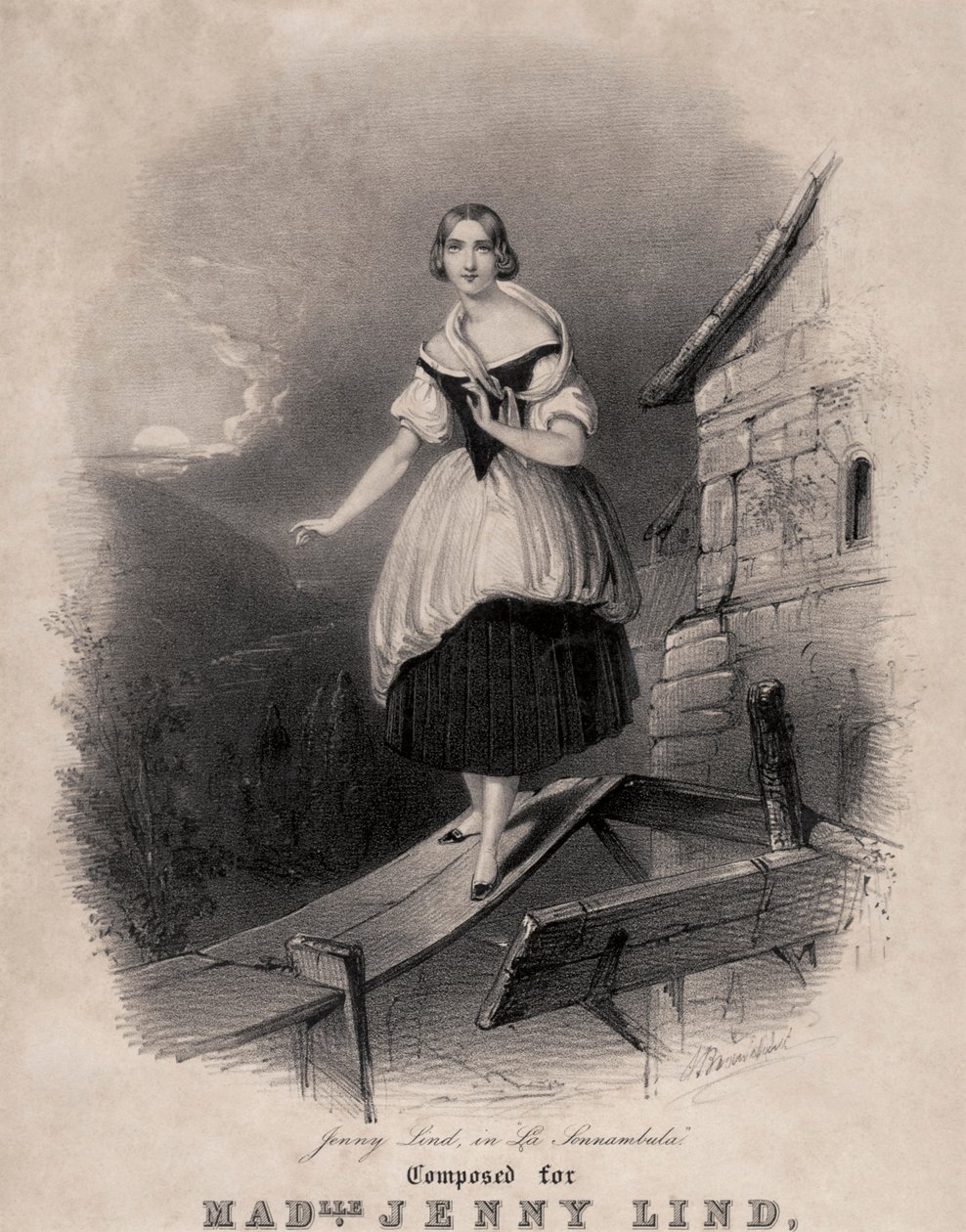 Jenny Lind, švédská sopranistka, v náměsíčné scéně Belliniho La sonnambula od Unknown