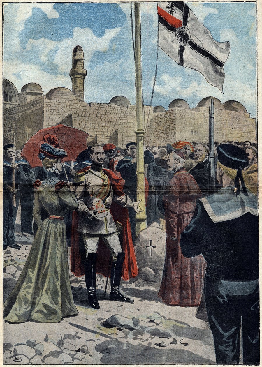 Jeruzalém – Všichni svatí 1898: Vilém II. (1859-1941), německý císař a pruský král, před Monsignorem Luigim Piavim, jeruzalémským patriarchou, získal pro své katolické poddané zemi „Dormition“ poblíž Večeřadla . Ilustrace v od Unknown artist