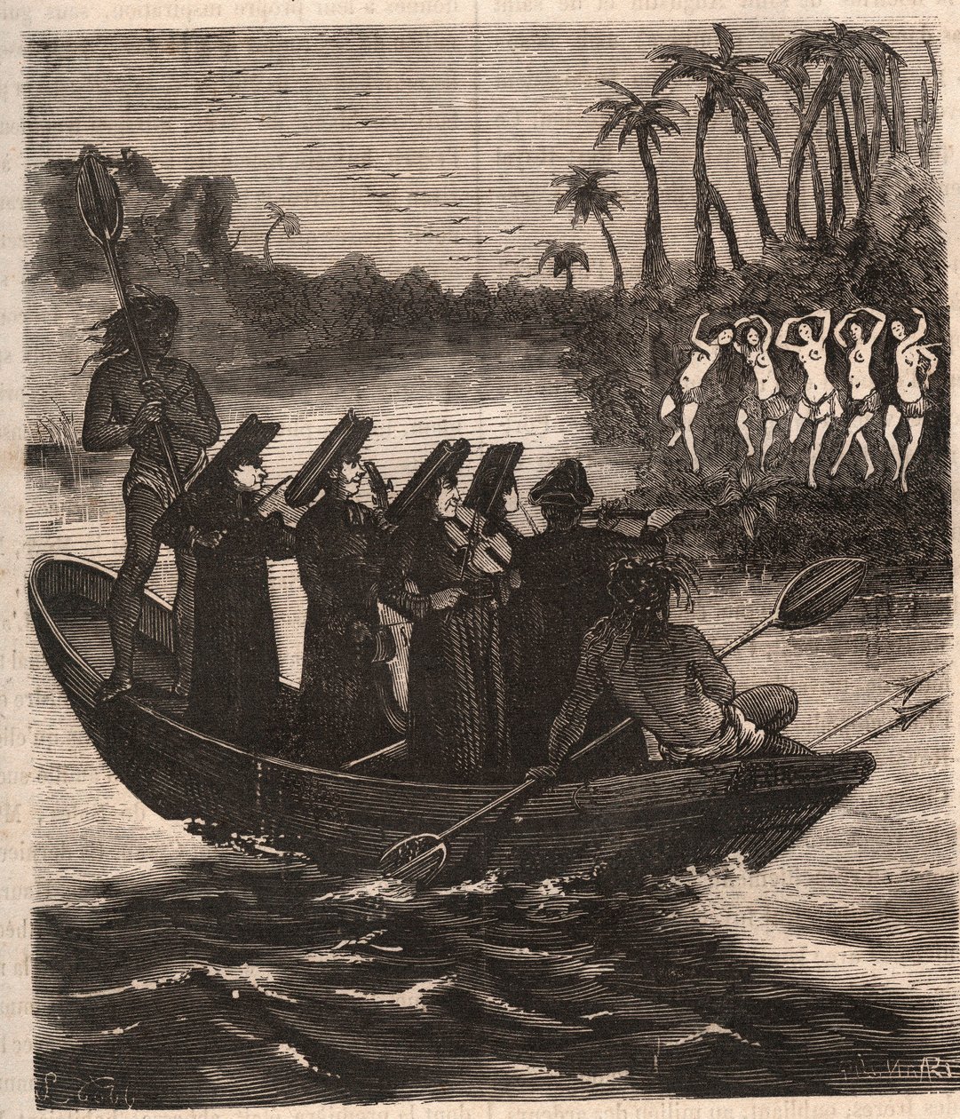 Jezuitští misionáři připlouvají lodí mezi guaranské indiány do Paraguaye v roce 1553 – rytina roku 1879 v „Historie Secrete, Political and Religious Societes“ od Pierra Zacconeho (1817-1895) od Unknown artist