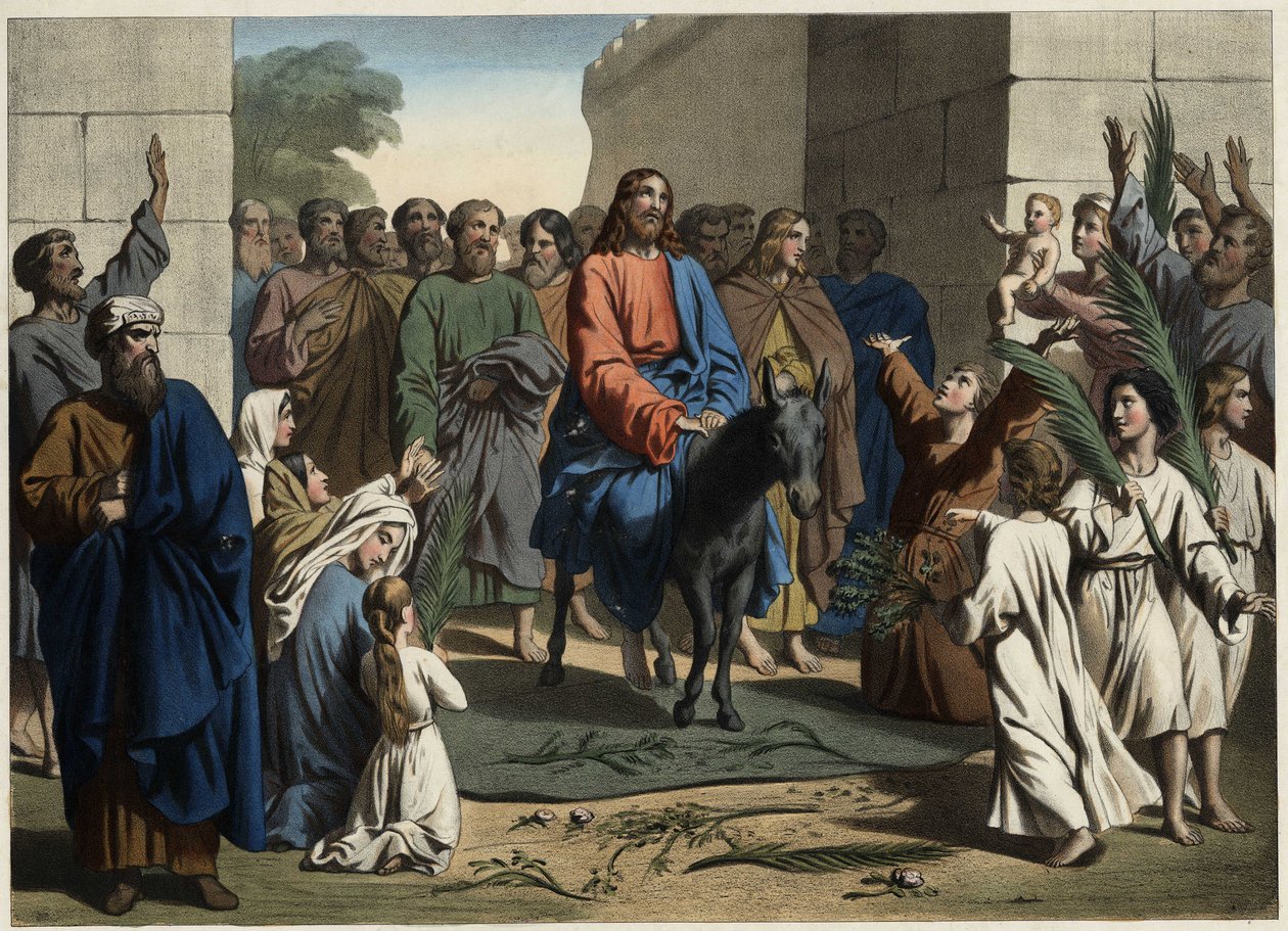 Ježíšův triumfální vjezd do svatého města Jeruzaléma. Anonymní rytina z poloviny 19. století. od Unknown artist