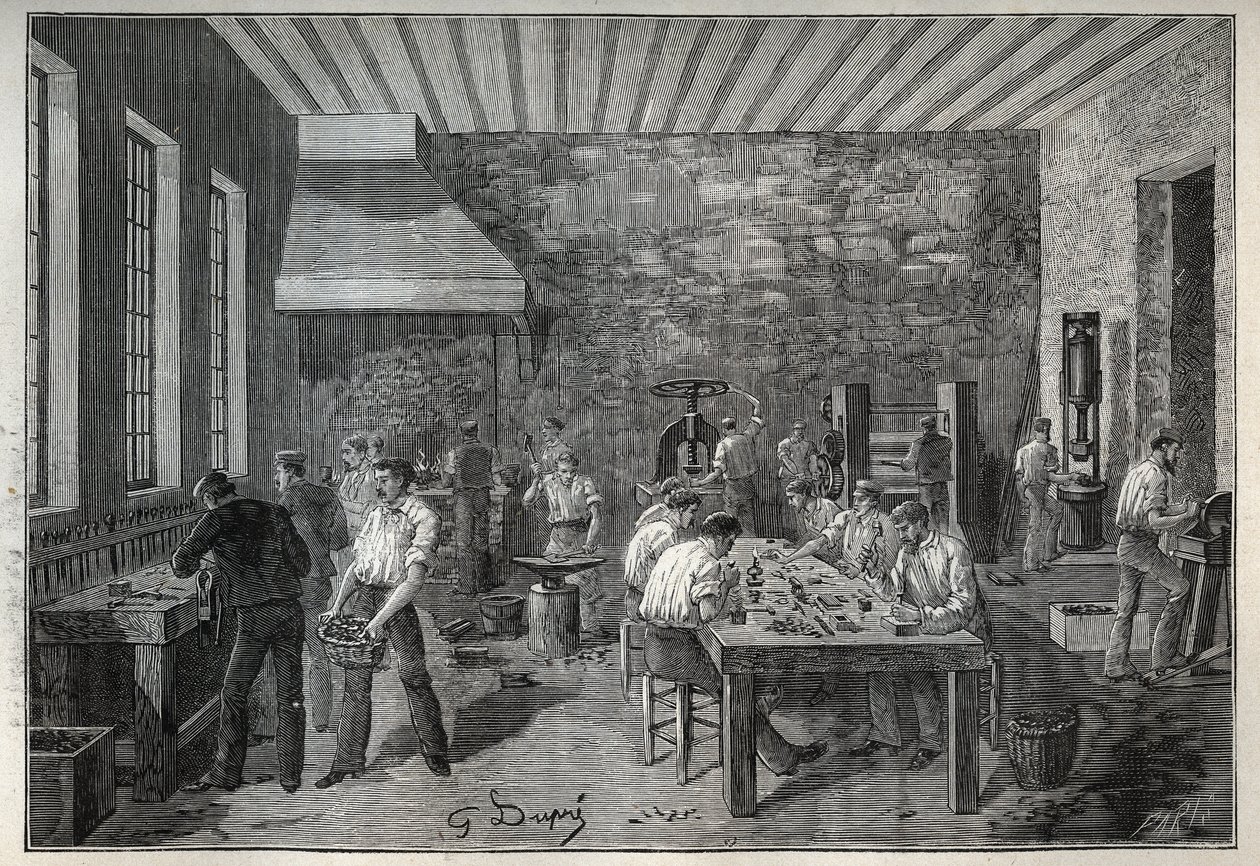 Klenoty: továrna na ocelové šperky. Rytina z roku 1885 v „“Les arts et metiers illustres““ od Adolphe BITARDA. od Unknown artist
