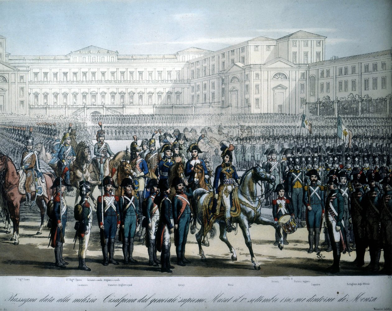 Joachim Murat (1767-1815), Napoleonem jmenovaný maršálem Francie a králem Neapole, přezkoumává vojska Cisalpinské republiky od Unknown artist