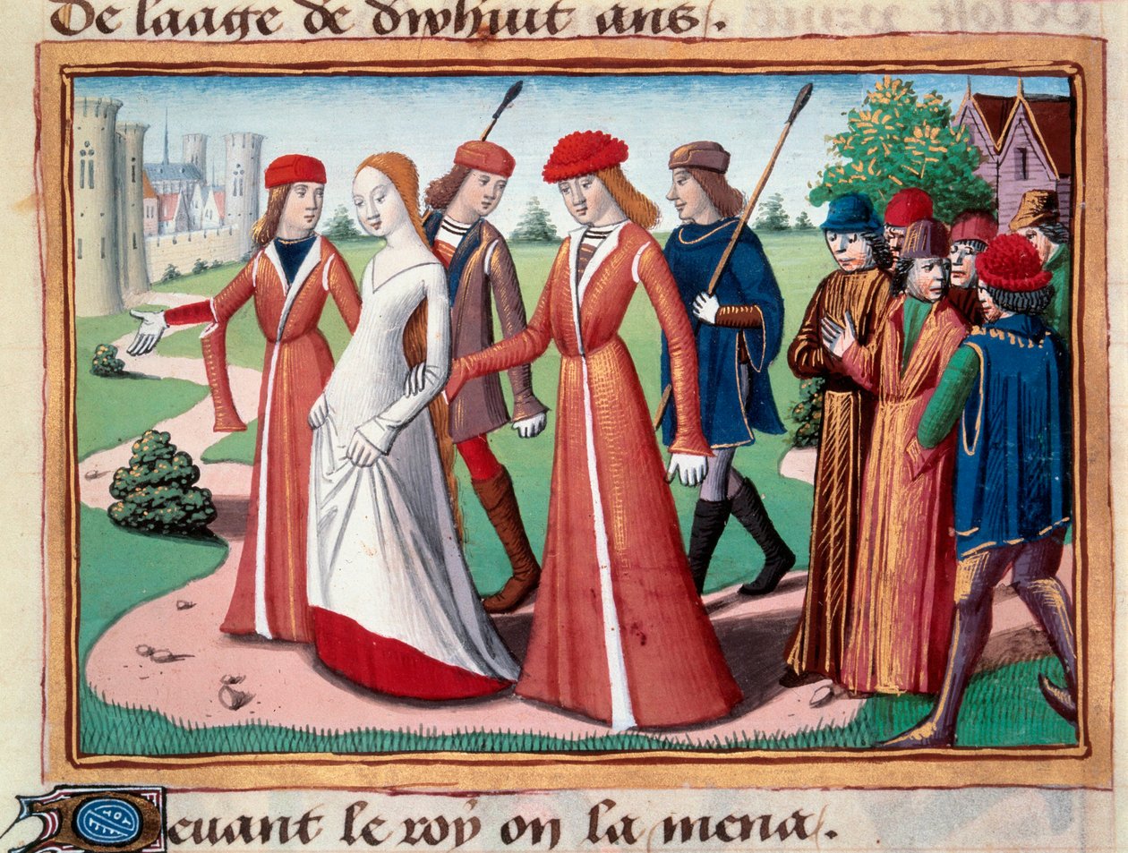 Johanka z Arku (1412-1431) vedená poblíž Karla VII. Delfíním dvorem v Chinonu. Miniatura z rukopisu „Vigilles du roi Charles VII““ od Martiala d