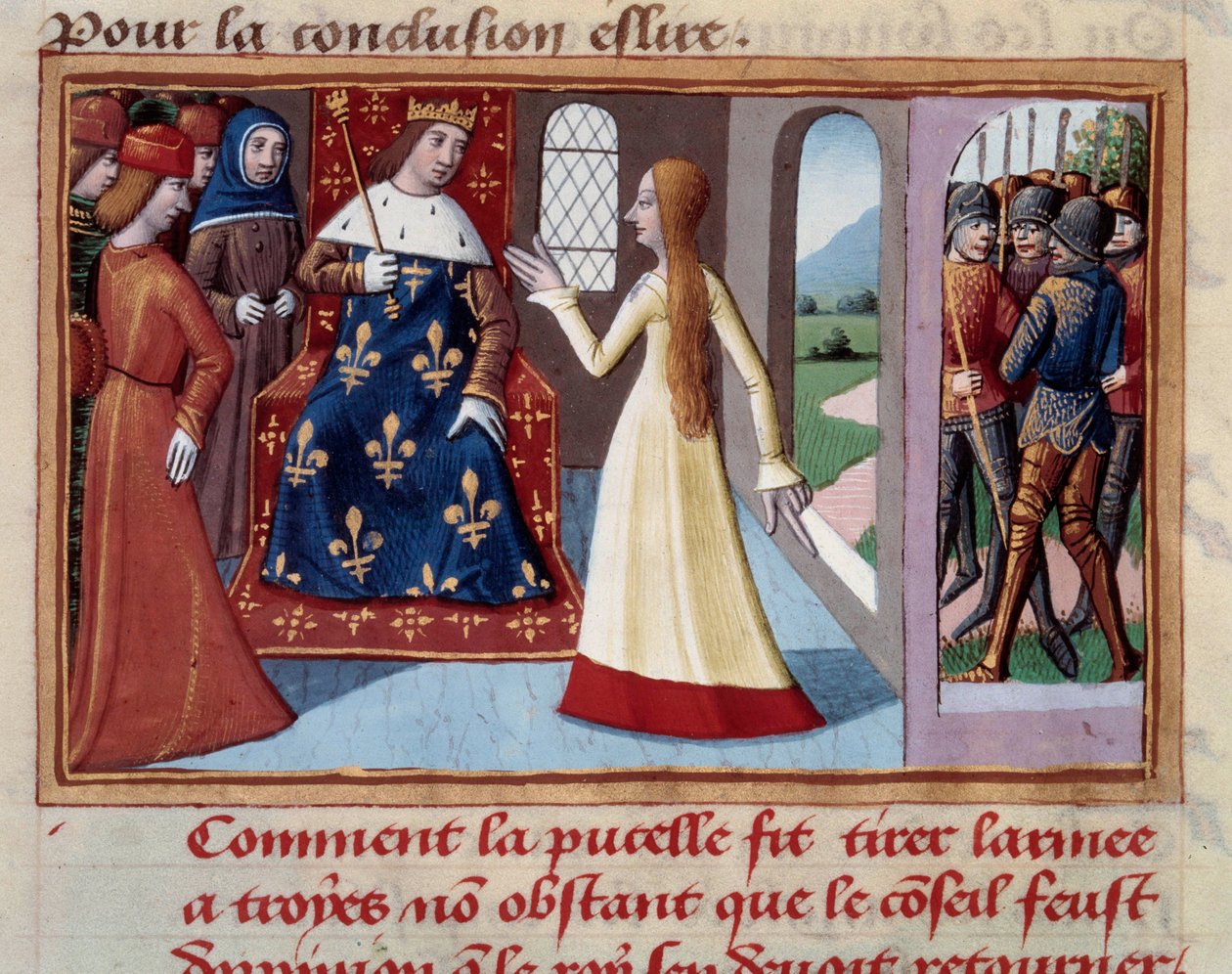 Johanka z Arku (1412-1431) před králem Karlem VII. (1422-1461). Miniatura z „Vigilles du roi Charles VII““ od Martiala d