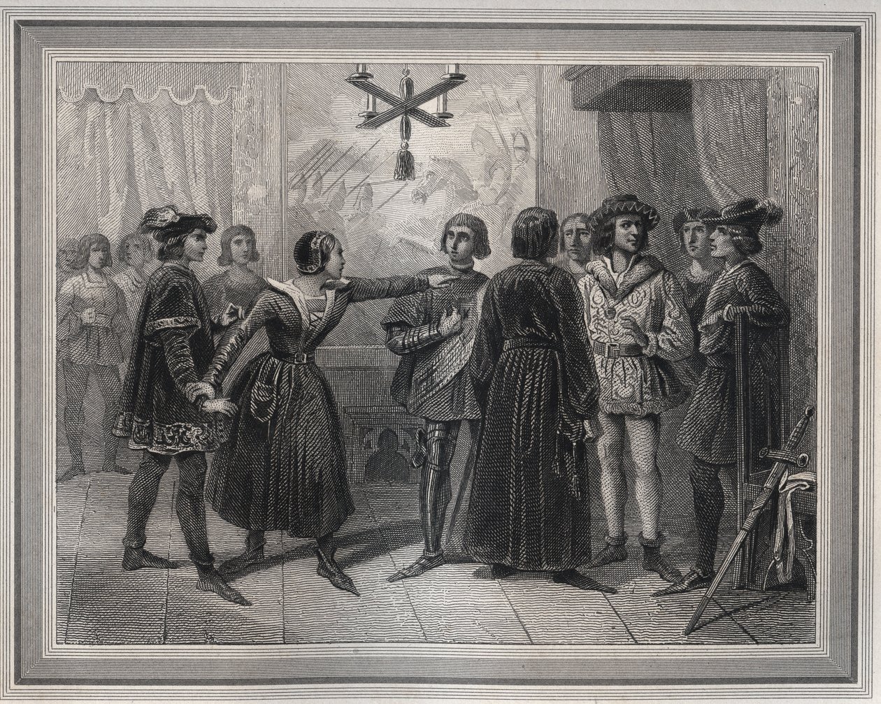Johanka z Arku, dorazila do Chinonu (1429), poznal ji Karel VII. (1403-1461), který byl v davu dvořanů - Rytina v „Les Fastes Populaires, aneb Dějiny hrdinských činů lidu a jejich vliv na vědu, umění, průmysl a a od Unknown artist