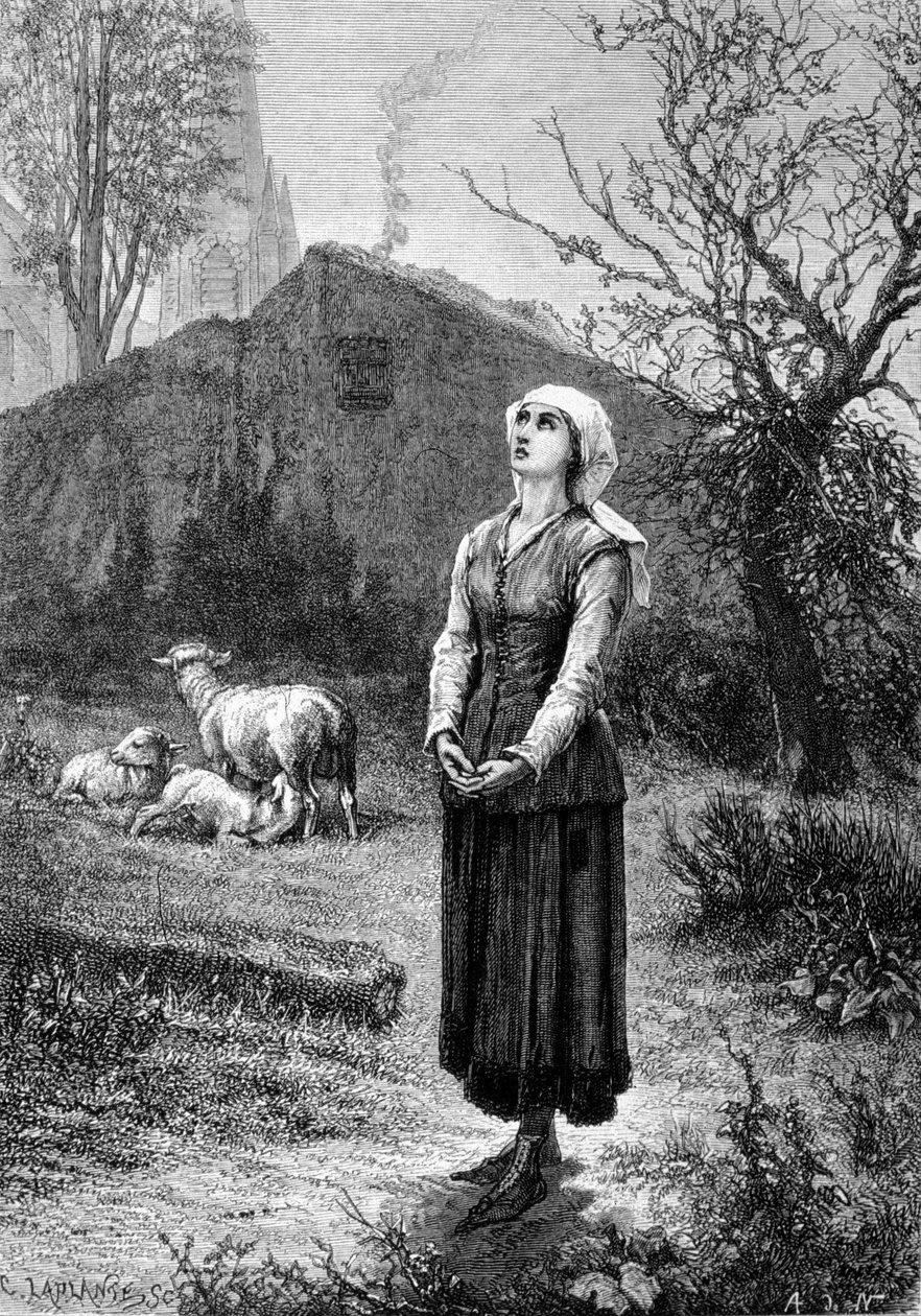 Johanka z Arku slyší její nebeské hlasy: archanděl svatý Michael, svatá Kateřina a svatá Margarita jí nařídili, aby jela do Francie pomoci králi, a ujistili ho, že Bůh mu pomůže. 19. století. od Unknown artist