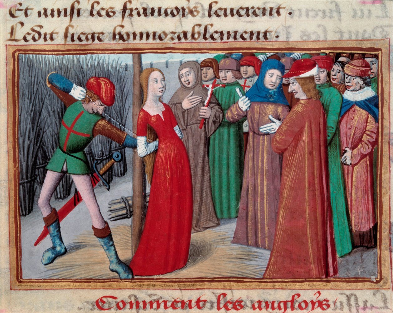 Johanka z luku (1412 -1431), instalovaná na řezníka. Miniatura z rukopisu „Vigilles du roi Charles VII““ od Martiala d