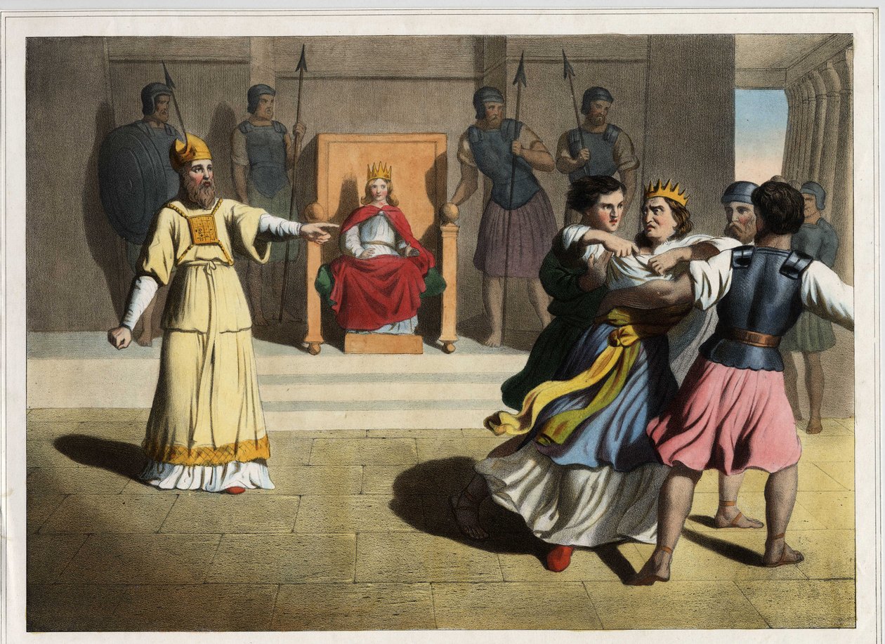 Joaš (Jehoaš) vyhnal z trůnu a nařídil s pomocí kněží smrt královny Athalie a stal se tak judským králem. Anonymní rytina z poloviny 19. století. od Unknown artist