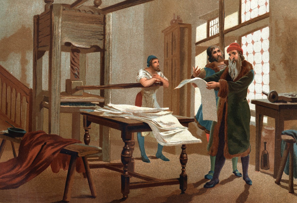 Johannes Gutenberg (1400-1468), německý tiskař, tiskl první list bible. po slavných mužích a ženách. Barcelona 1877. od Unknown artist