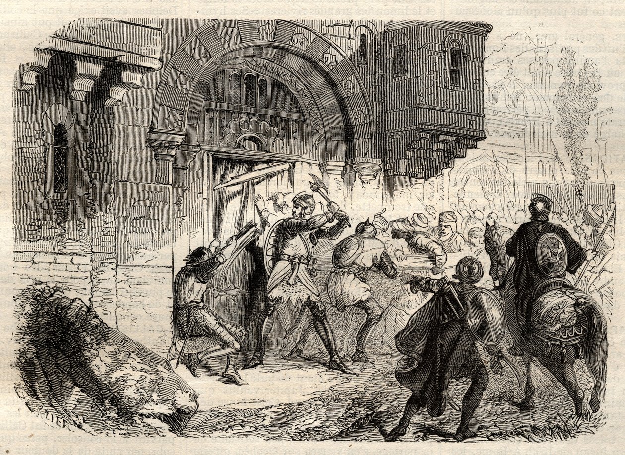 John II Comnenus, byzantský císař - Císař Jan II Comnene (1087-1143) v čele Řeků, kteří řídili dveře jeho paláce v Konstantinopoli - rytina v „“ Illustrous Popular Dictionary““ - 1864 - od Josepha Decembra a Edmonda Alloniera - od Unknown artist