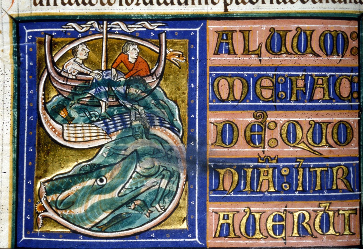 Jonáš je hozen do moře a pohlcen obrovskou rybou. Rukopis 14. století. Městská bibli. z Vercelli. od Unknown artist