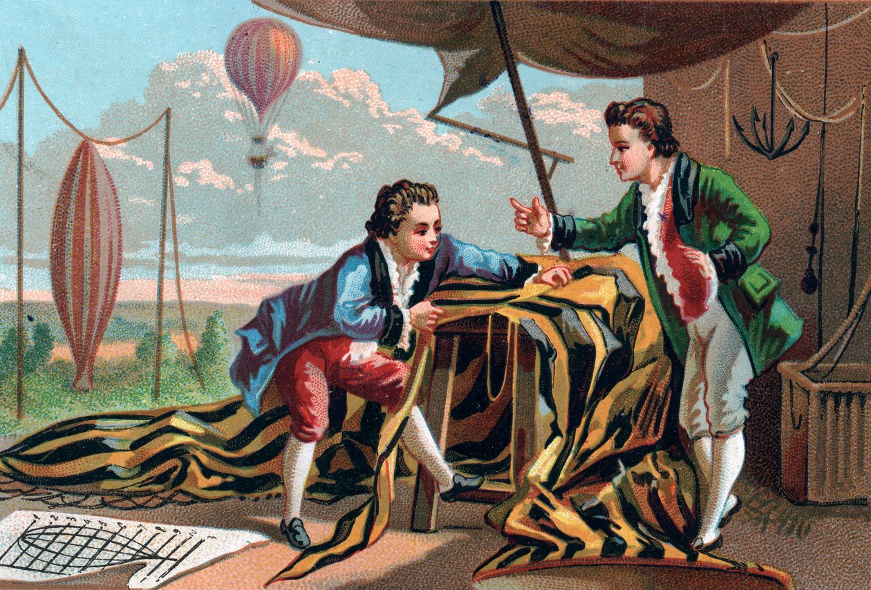 Joseph (1740-1810) a Etienne (1745-1799) de Montgolfier (bratři) vynalezli aerostaty v roce 1783. Pozdní chromolitografie 19. stol. od Unknown artist