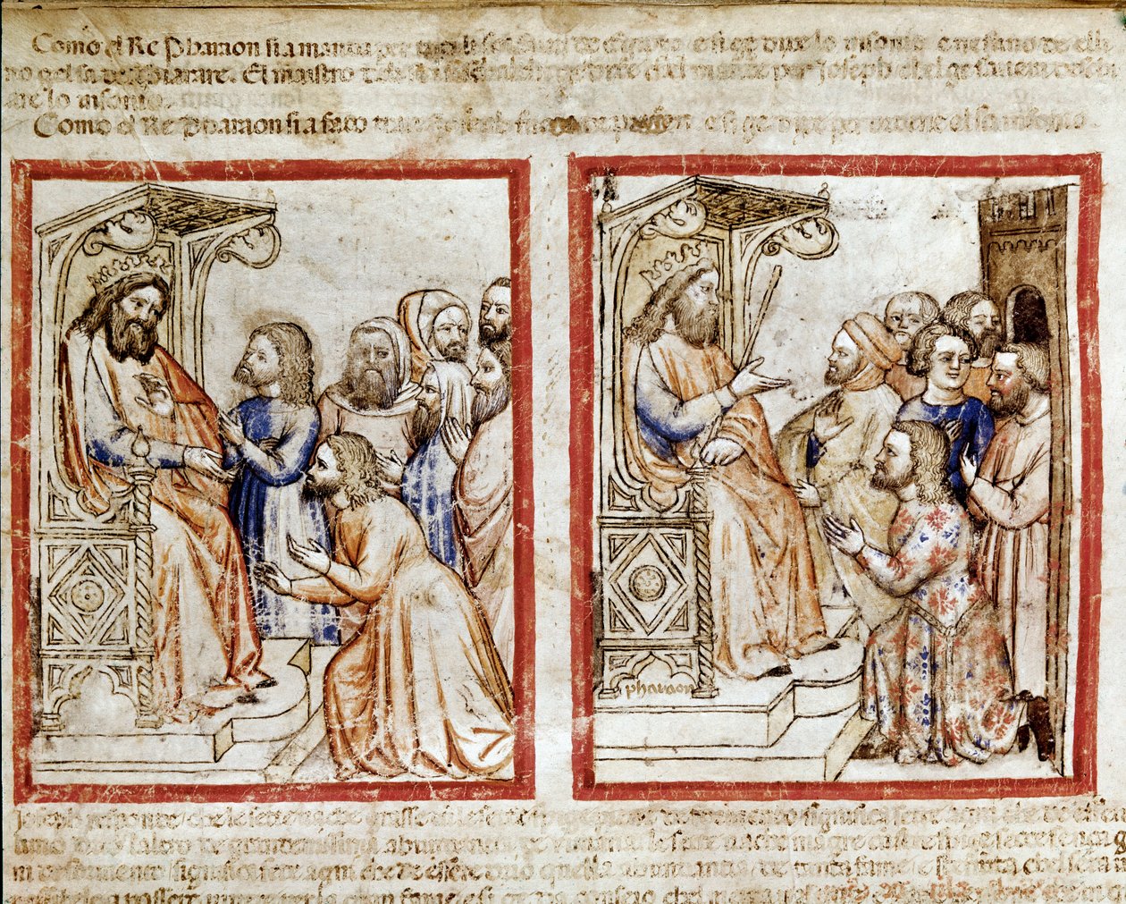 Joseph a jeho bratři oslovují faraona, bratři odcházejí poté, co prodají Josefa jako miniaturního otroka z kodexu 212 (nebo kodexu padovano nebo Bible z Padovy) 1390-1400 Rovigo, Accademia dei Concordi od Unknown artist