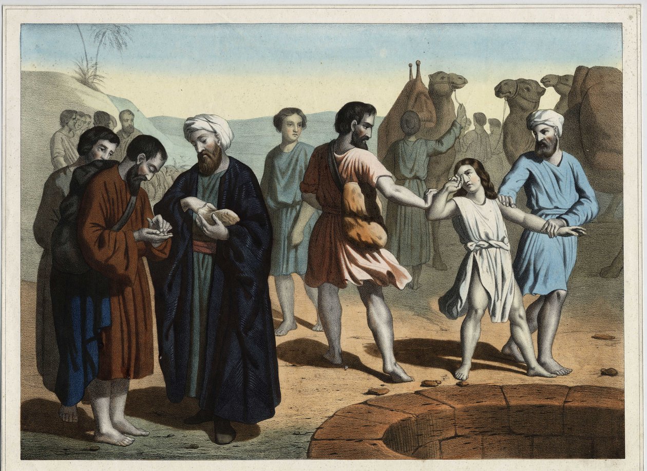Joseph patriarcha, prodaný svými deseti žárlivými bratry, kteří ho chtějí nechat zmizet. Anonymní rytina 19. století. od Unknown artist