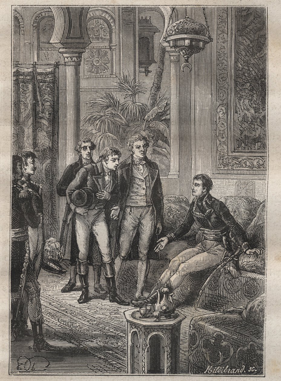 Cesta (1798) Frederica Conrada (Konrada) Hornemanna (1772-1801) do Fezzanu (Libye): Bonaparte vítá Hornemanna v Káhiře (Egypt) - ilustrace z „Velkých námořníků 18. století““ od Unknown artist