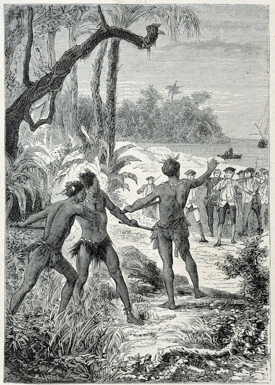 Cesta kapitána Jamese Cooka (1728-1779) na Novou Guineu: první setkání s domorodci, ilustrace převzata z „Velkých námořníků 18. století““ od Unknown artist