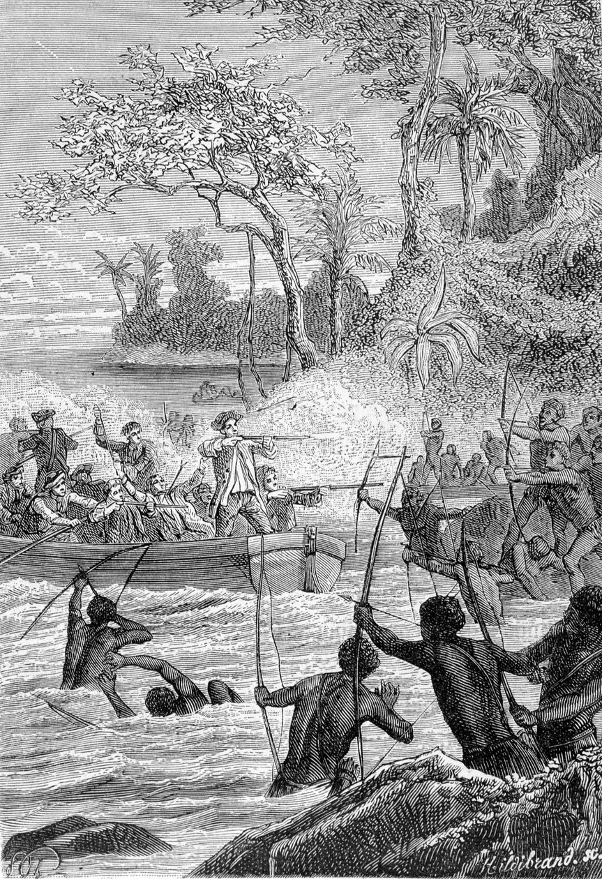 Cesta Carteret v Ils of Santa Cruz, ne na ostrov Nendo (Santa Cruz, Ndeni, Nitendi nebo dokonce Ndende): Útok domorodců údery šípů - ilustrace převzata z „Velkých námořníků 18. století“ “ od Unknown artist