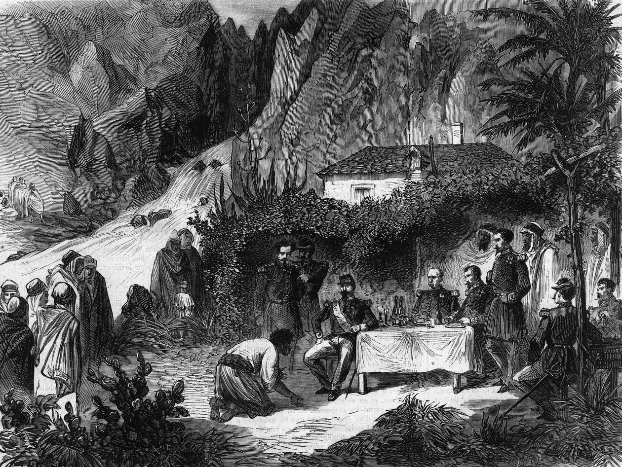 Cesta Napoleona III., francouzského císaře, do Alžírska. Září 1860. Napoleon III oběd u potoka opic přijímá Barka. Rytina z roku 1865. od Unknown artist