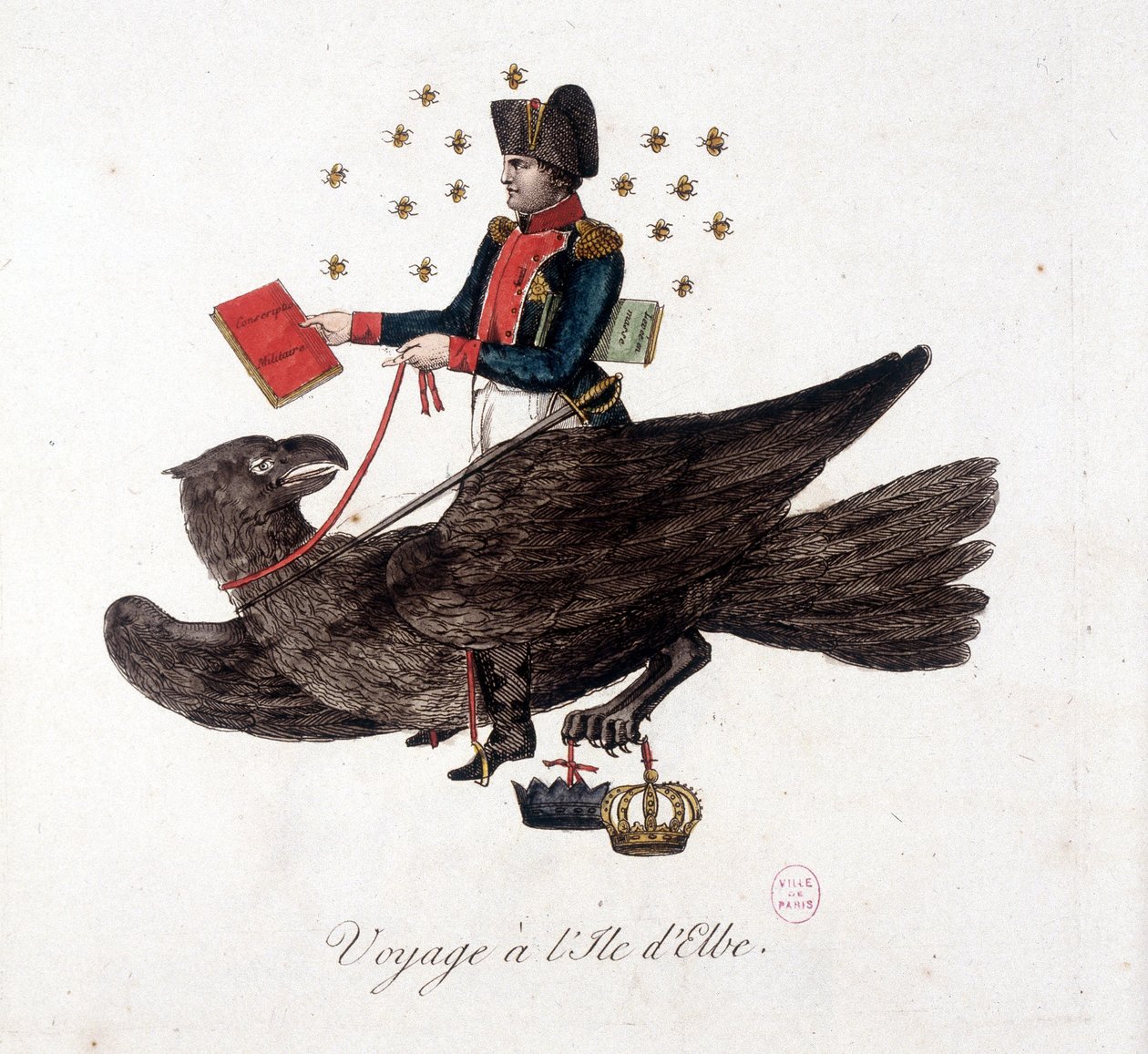 Cesta na ostrov Elba: Napoleon jede na orlovi, drží knihy branné povinnosti a hromadné pozvedávání vojáků - v „“ Napoleon 1., karikatury, sbírka figurín“, c. 1814 od Unknown artist