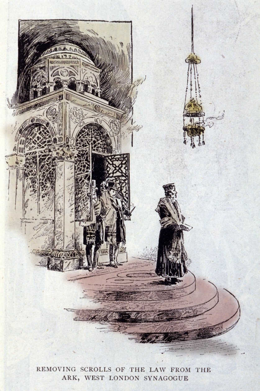 Judaismus: Svitky Tóry obvykle umístěné ve Svaté arše se používají při obřadu. Rabín nosí čas modlitby Tallit nebo Tzitzit. Synagoga v Západním Londýně od Unknown artist