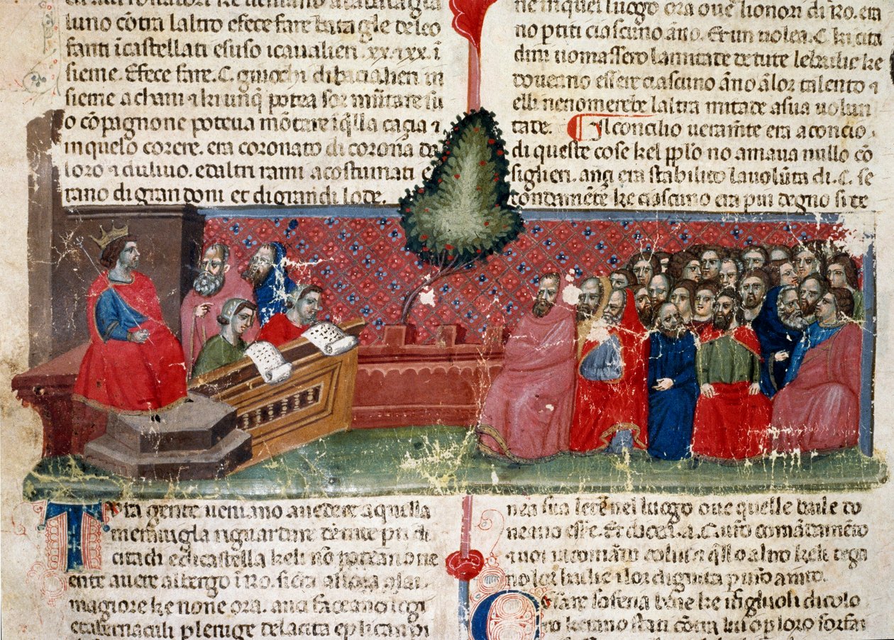 Jules Cesar (101-44 př. n. l.) na trůnu Detail stránky s rukopisem „“ Fakta o Římanech““ (Ms 1538) kolem roku 1340 Florencie, Biblioteca Riccardiana od Unknown artist