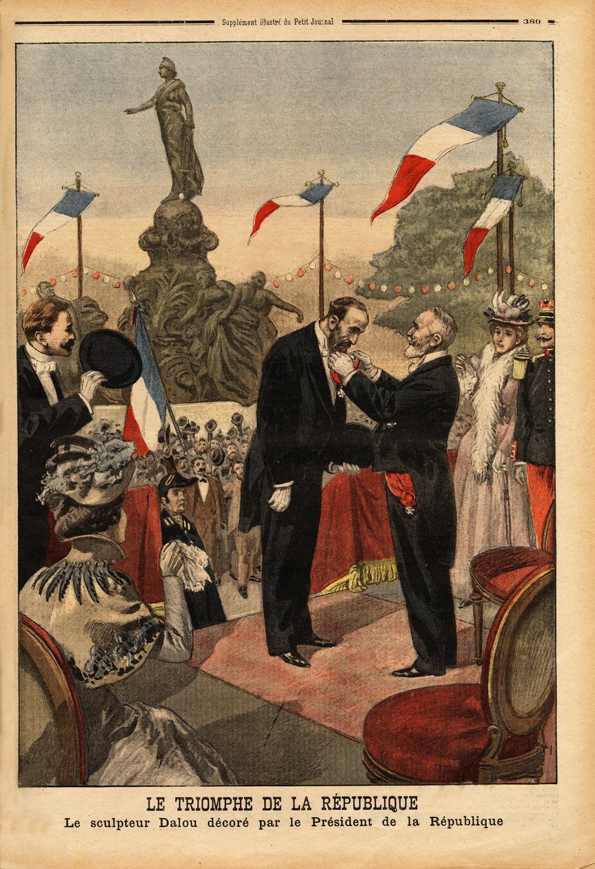 Jules Dalou (1838-1902) sochař, vyznamenaný čestnou legií prezidentem republiky Emilem Loubetem (1838-1929), u příležitosti inaugurace sochy „Triumf republiky““ na náměstí Place de la národ v Paříži. Gravírování do „“ od Unknown artist