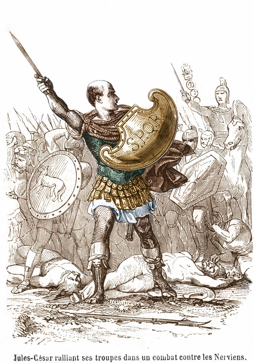 Julius Caesar shromažďující své jednotky v boji proti Nervienům - rytina od Unknown artist