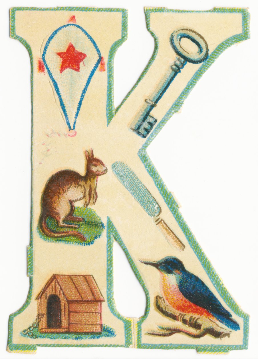 K: drak, klíč, klokan, nůž, psí bouda, ledňáček (barva litho) od Unknown artist