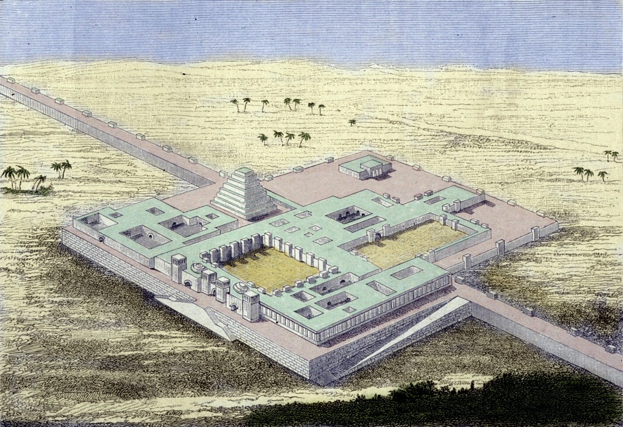 Khursabad (Irák). Rekonstrukce paláce Sargona II., asyrského krále v letech 722 až 705 př. n. l. Rytina 19. století. od Unknown artist