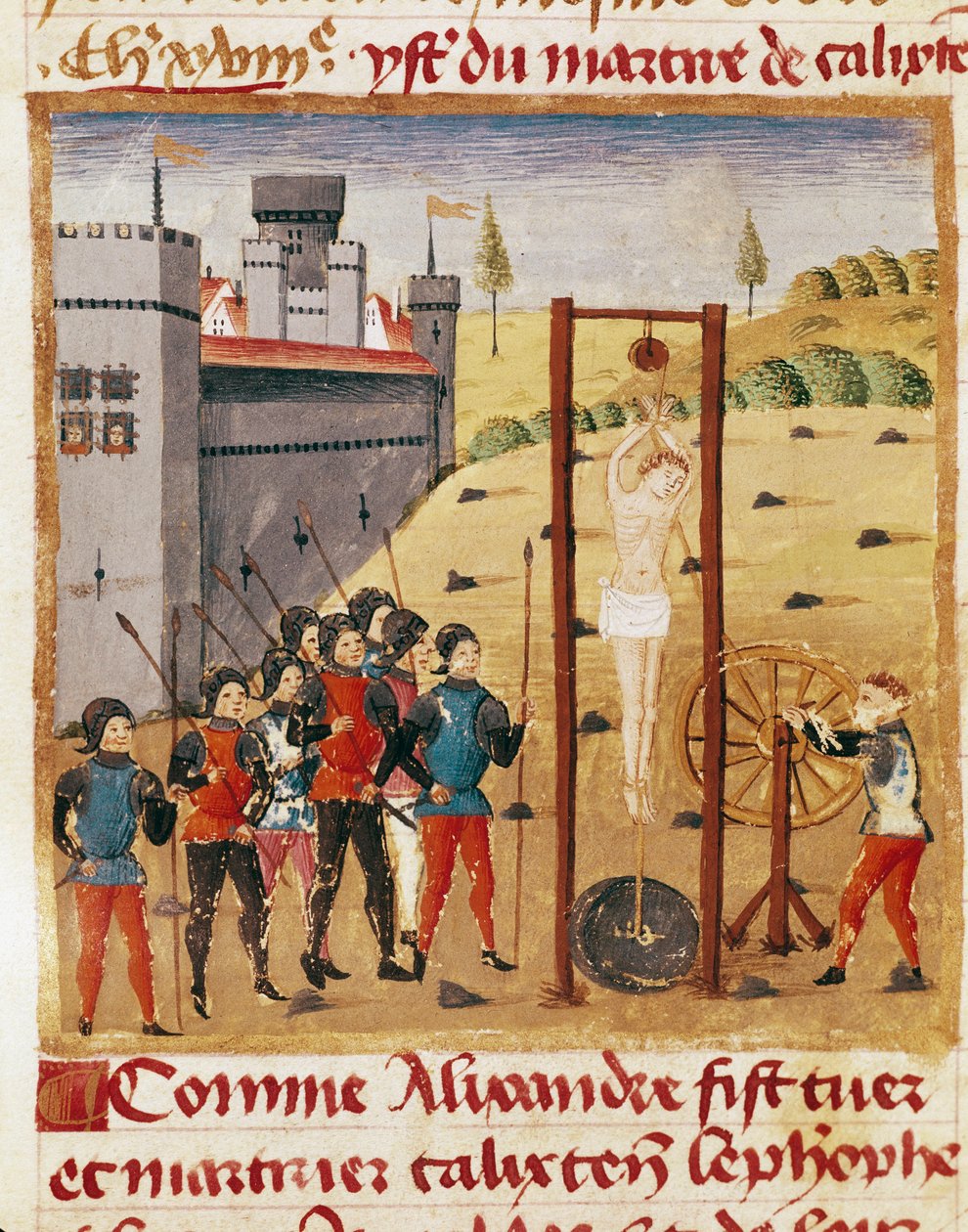 Král Alexandr Veliký (356–323 př. n. l.) se účastní popravy vznešeného Kalixta Cefoba pověšením“““ Miniatura převzatá z „“Knihy faktů Alexandra Velikého“““ od Quinta Curtius Rufus (1. století) (ms 1335, fol. 167 v od Unknown artist