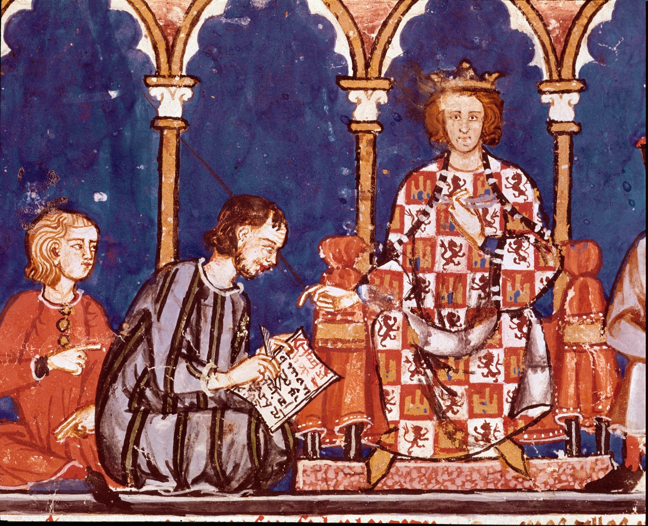 Král Alfonso X. moudrý muž pomáhá písaři. Detail miniatury z Knihy her od Alfonse X. moudrého (1221-1284) „Kniha šachů, des et stolů““ (El libro de ajedrez, dados e tablas). 1282. San Lorenzo de El Escorial. Královská knihovna od Unknown artist