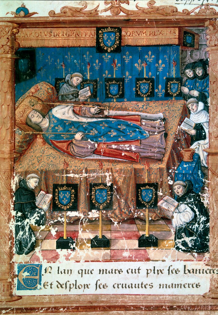 Král Karel VIII. (1470-1498) na smrtelné posteli 8. 4. 1498 Miniatura převzata z překladu „“L