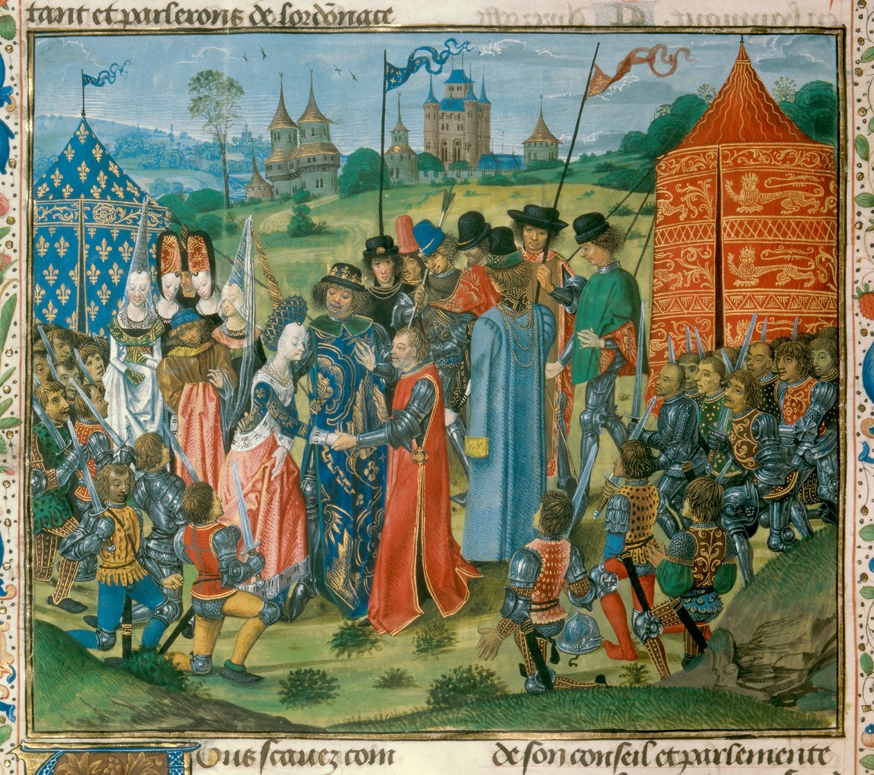 Král Karel VI. (1368-1422) předal svou dceru Isabelu Francouzskou (1389-1409) anglickému králi Richardu II. (1367-1400) před Shromážděním francouzských a anglických lordů miniatura z „Kroniky“ od Jeana Froissarta (1337- 1400) Paříž 15. století. B.N. od Unknown artist