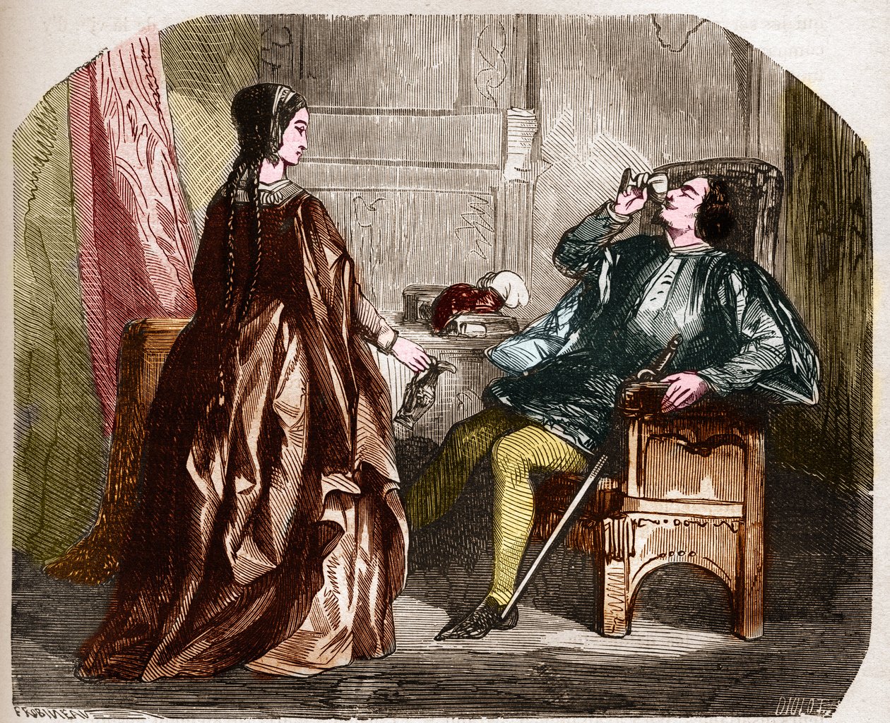 Francouzský král Karel VI., známý jako Karel Dobrý Aime, pak Karel Fol (1368-1422) se svou milenkou Odinette (Odette) de Champdivers. Rytina do „Dějiny prostituce a zhýralosti mezi všemi národy světa od Antiquitže do r. od Unknown artist