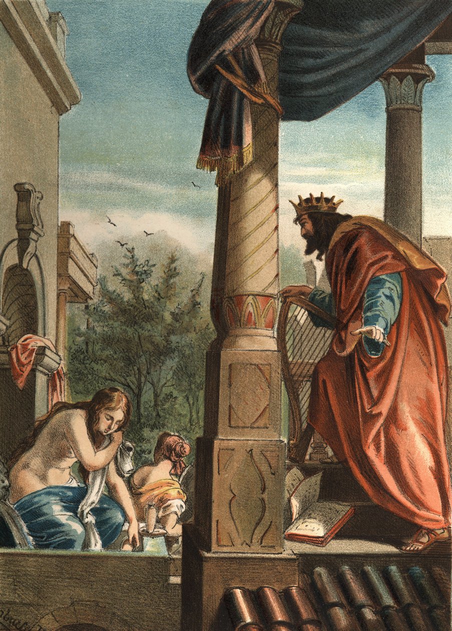 Král David a Bethsabee, jeho budoucí manželka ve vaně, v „El Culto de la Hermosura“ od Juana Justa Hugueta, editor Molinas Hermanos od Unknown artist