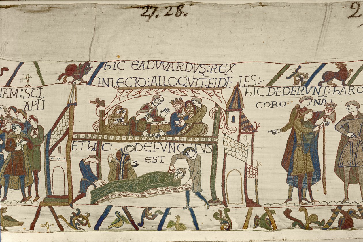 Král Edward Vyznavač na smrtelné posteli, tapisérie z Bayeux (vlněná výšivka na plátně) od Unknown artist